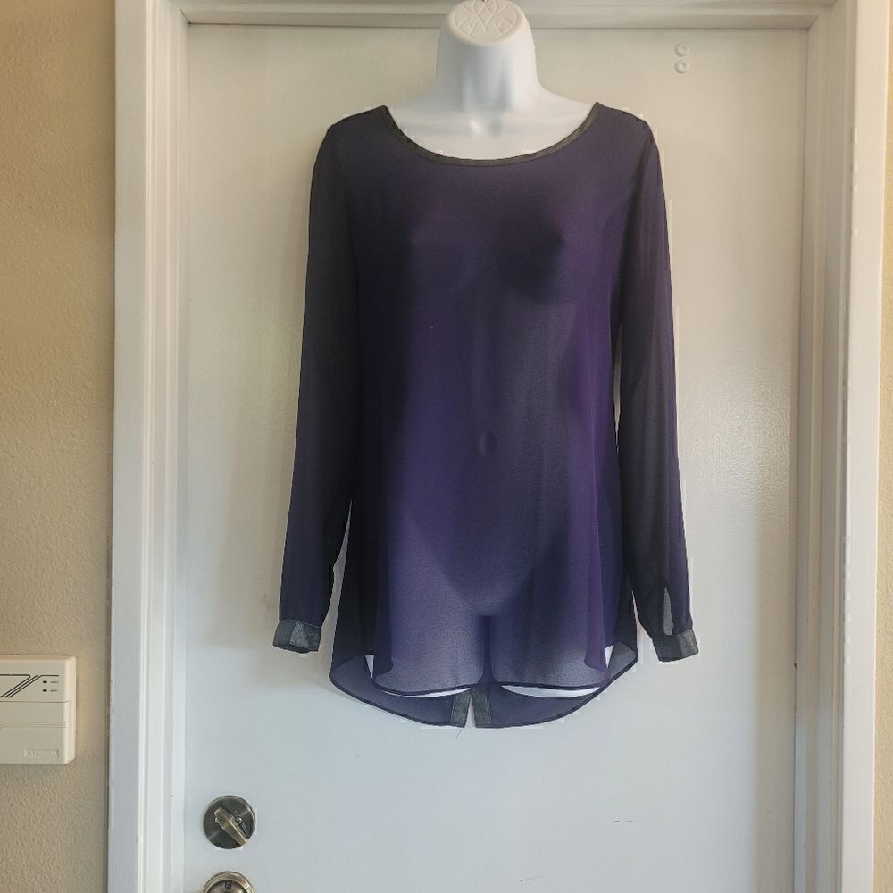 Tory burch sheer royal purple blouse with metallic accents & buttons up the back